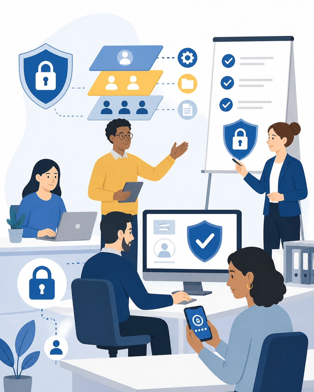 Flat illustration of a small business team using secure login shields, role-based access layers, and authenticator devices during cybersecurity training