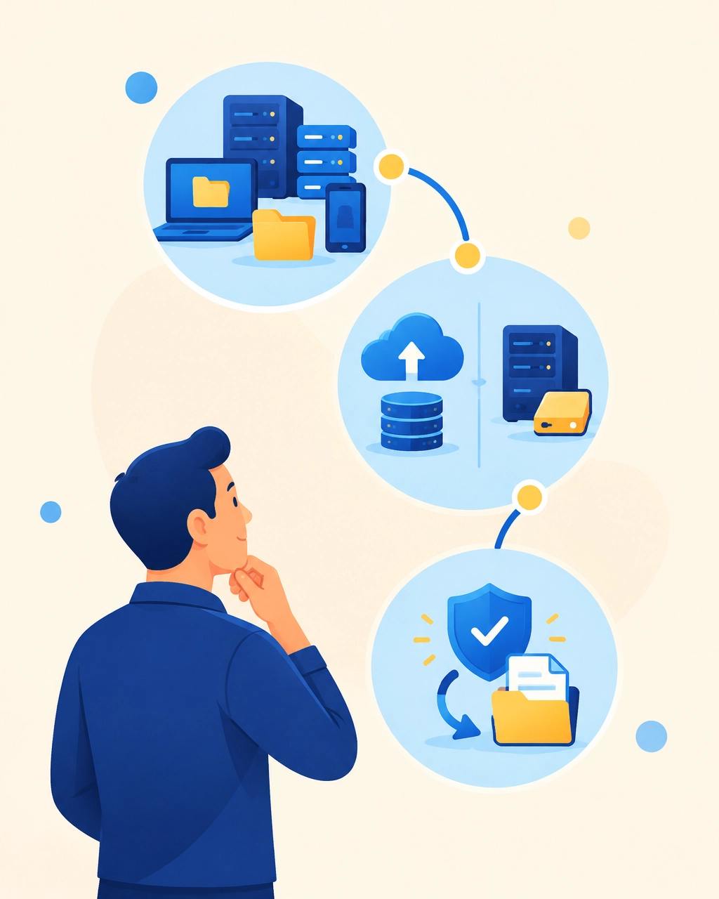 Business owner following a three-step data storage decision and recovery path