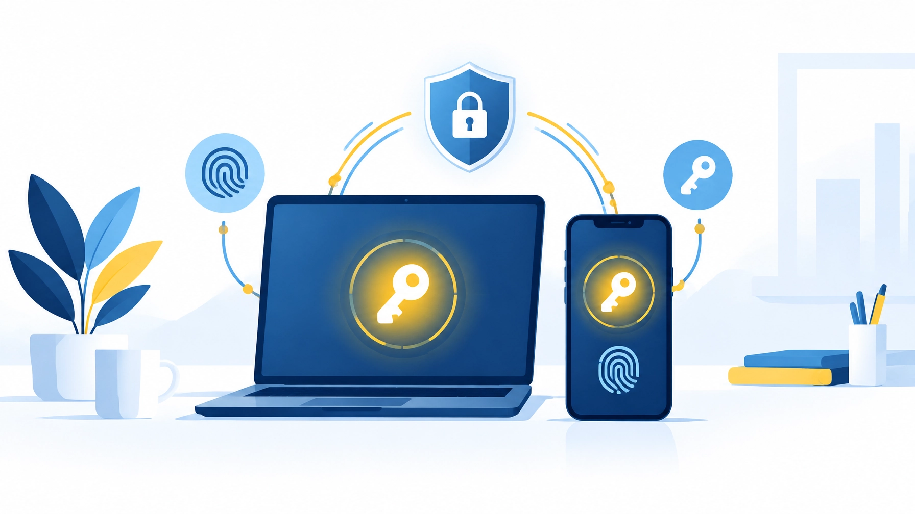 Flat illustration of a laptop and smartphone using secure passkeys for small business logins