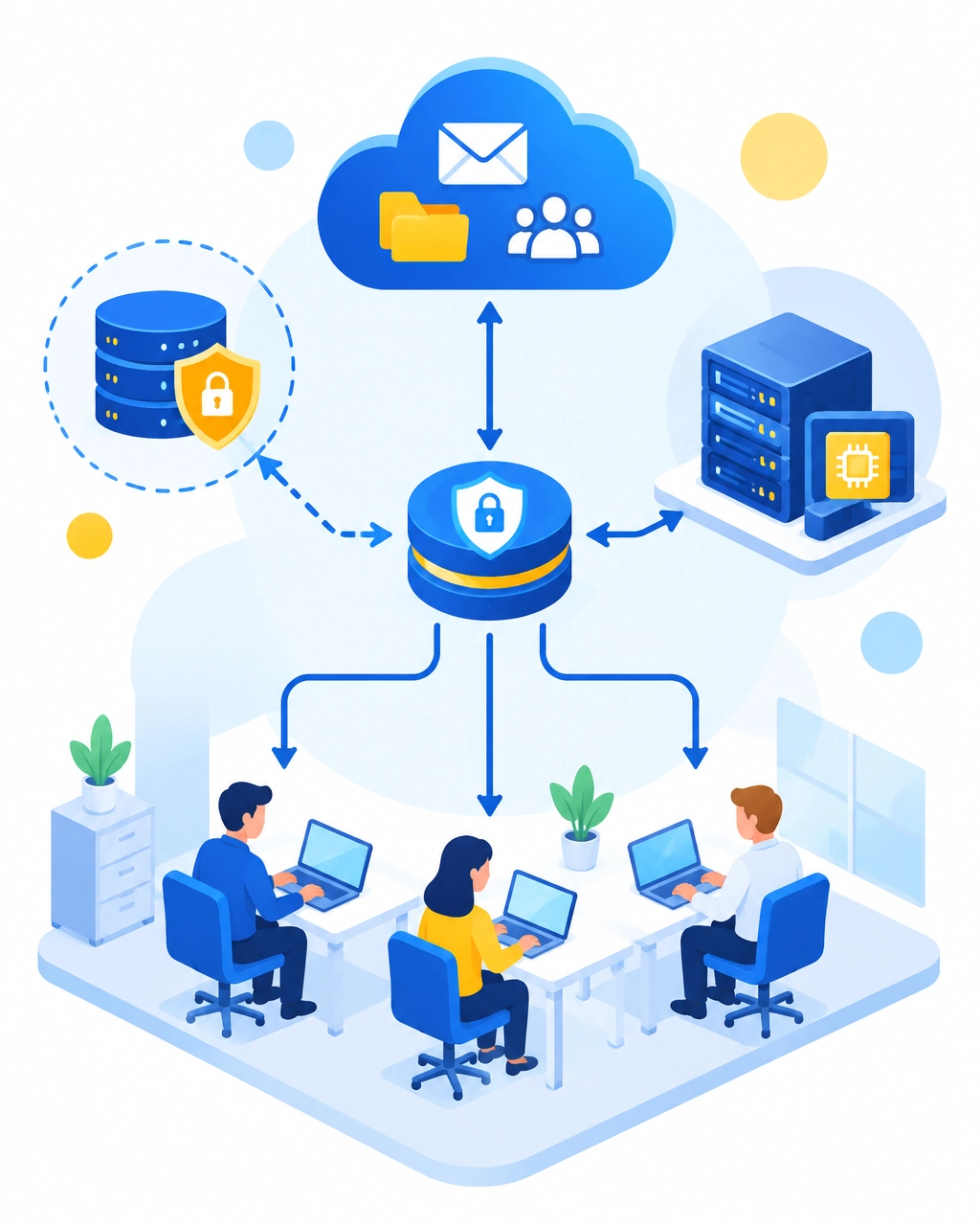 Hybrid cloud diagram showing business users, cloud collaboration, local specialty systems, and off-site backup