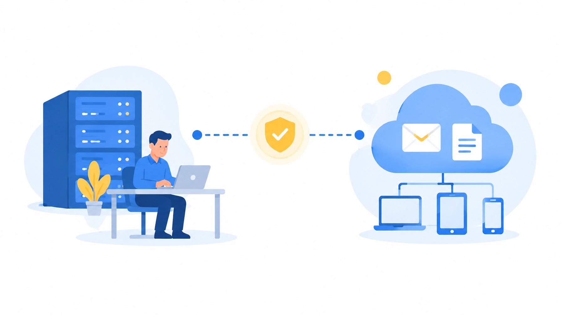 A small-business hybrid data setup connecting an on-site server with cloud storage through a secure connection