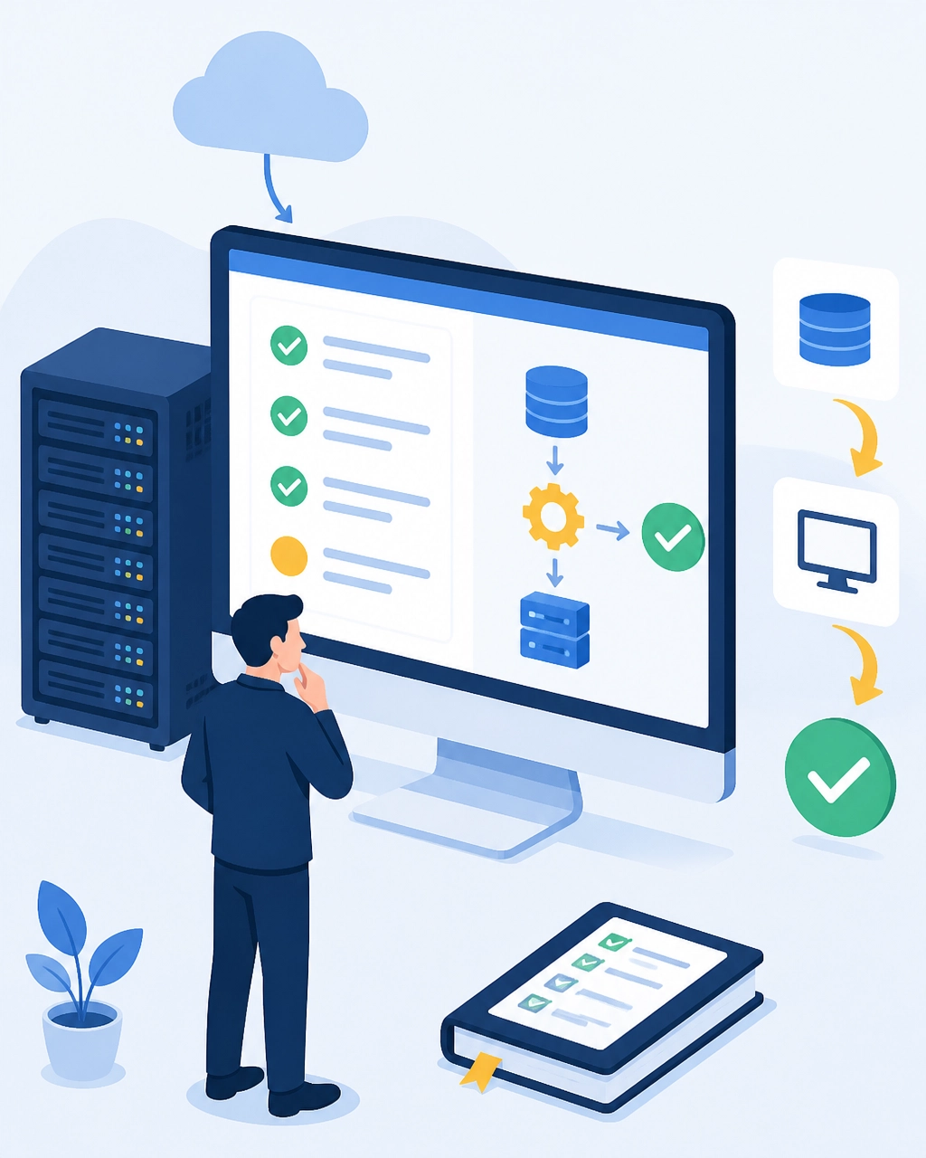 Flat illustration of an IT specialist following a recovery runbook and verifying tested restores